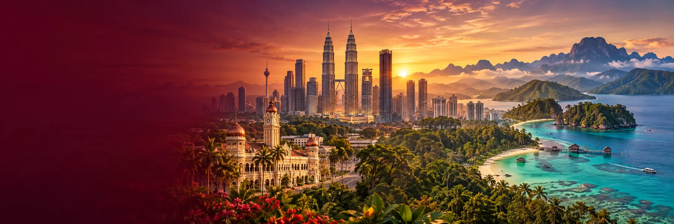 Malaysia tourism panorama featuring Kuala Lumpur, heritage architecture, tropical landscapes and islands