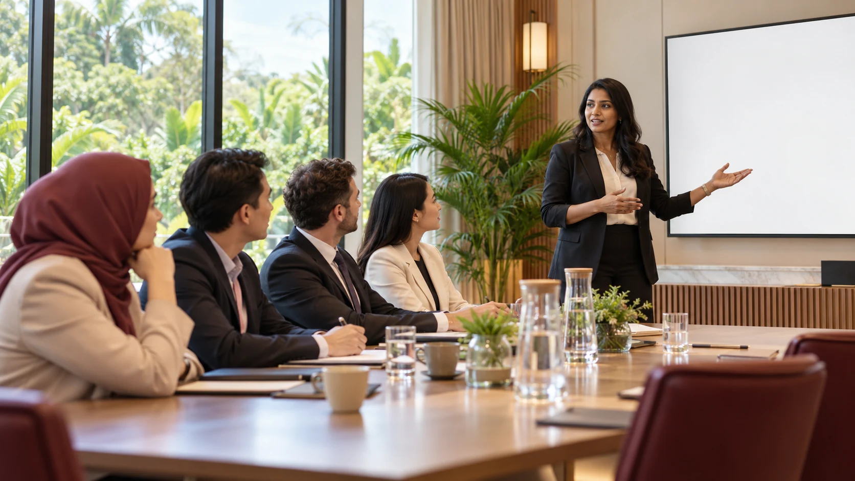 Illustration of delegates attending a presentation in a contemporary meeting room