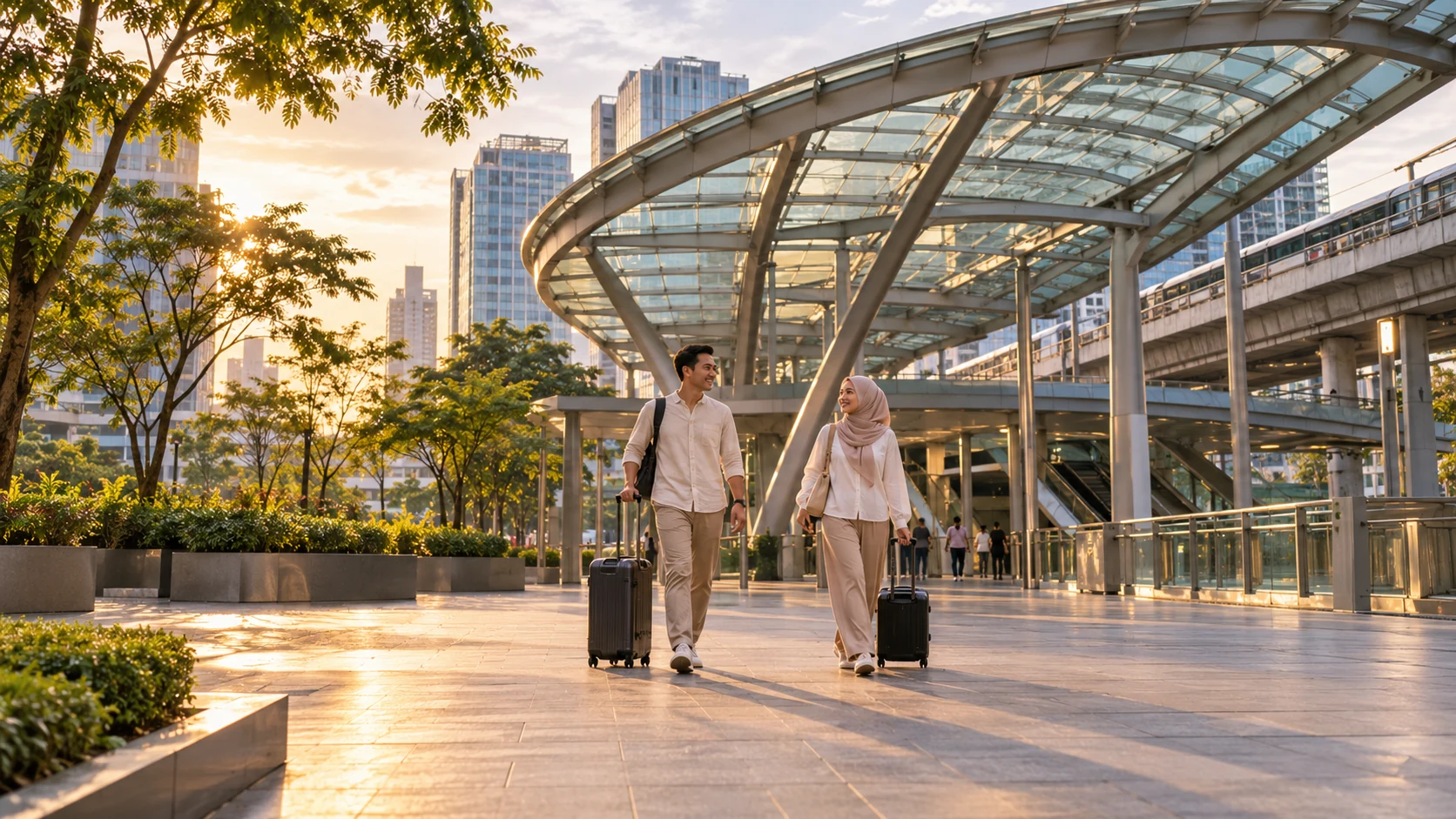 Illustration of travellers with suitcases beside a contemporary urban rail station