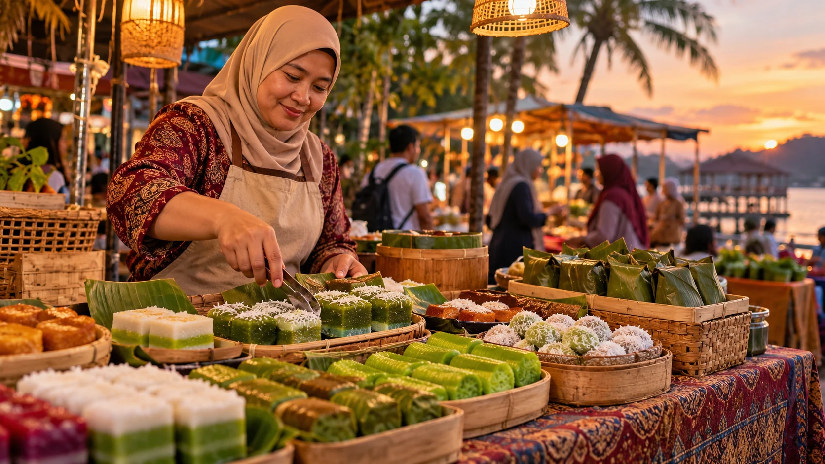 Illustration of a vendor serving traditional cakes at a Malaysian food stall