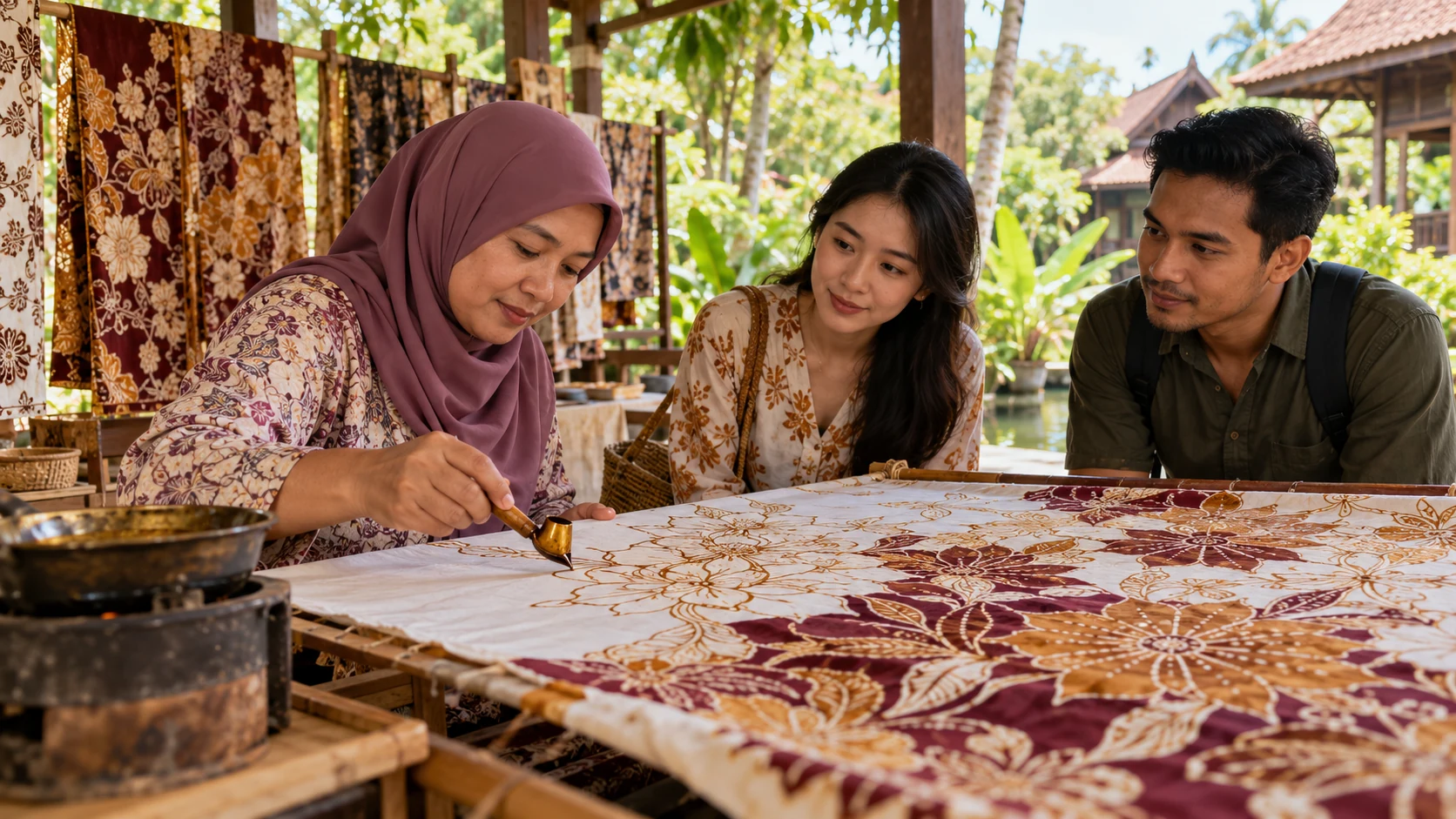 Illustration of a batik artisan demonstrating a craft to visitors
