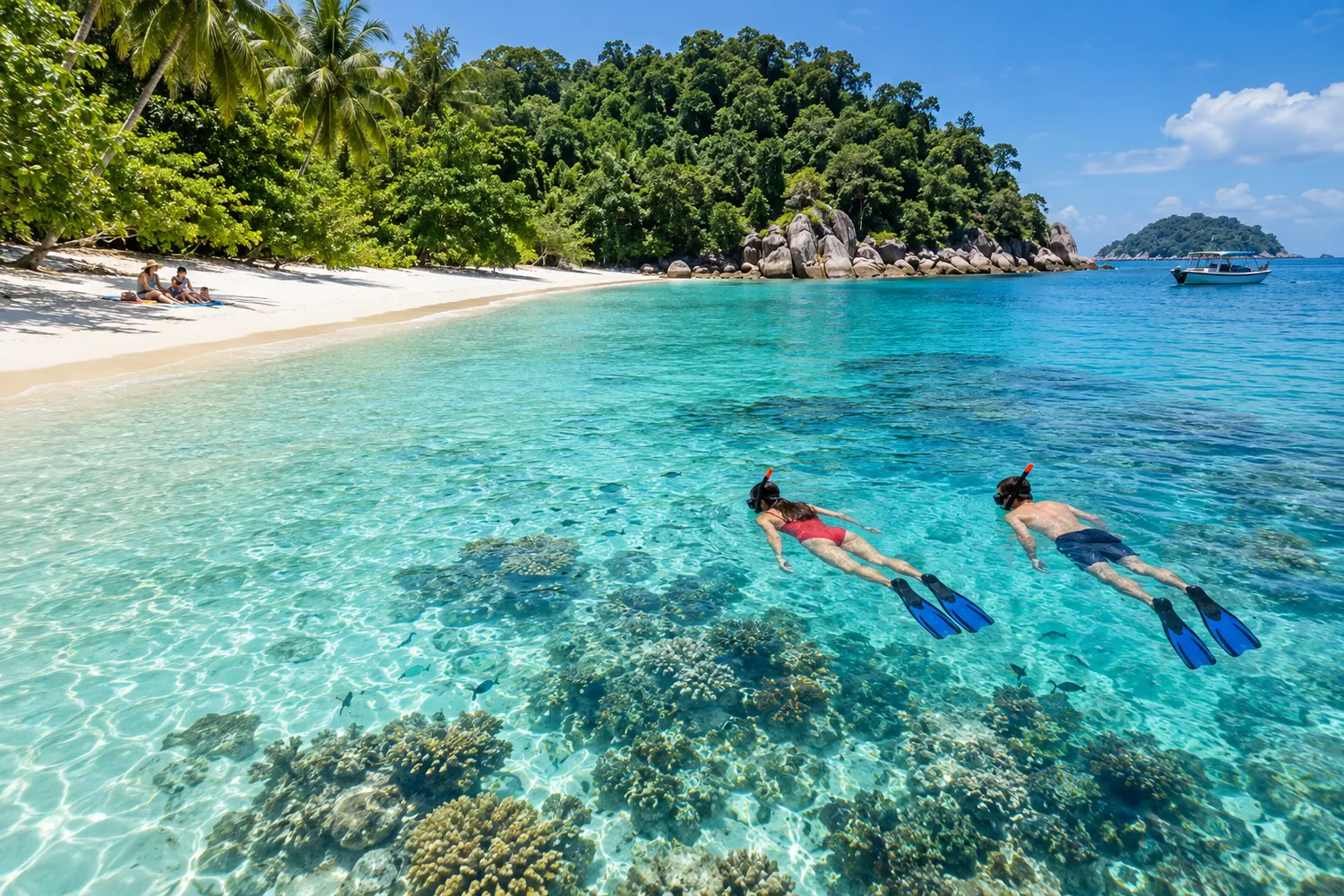 Illustration of a Perhentian-type east-coast Malaysian island: granite boulders, white sand, snorkellers over shallow coral and a small transfer boat offshore