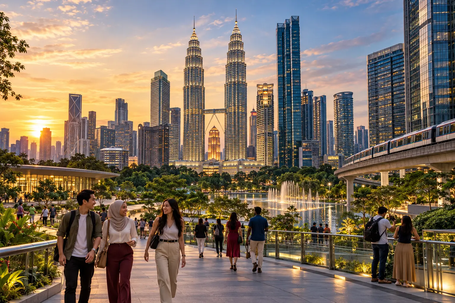 AI illustration of a Kuala Lumpur-inspired skyline at sunset, seen across a city park lake with an elevated rail line alongside.