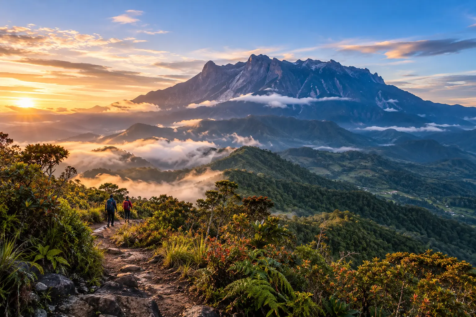 AI illustration of a Mount Kinabalu-inspired massif rising above cloud and forested ridges in Sabah, with two walkers on a foreground trail.