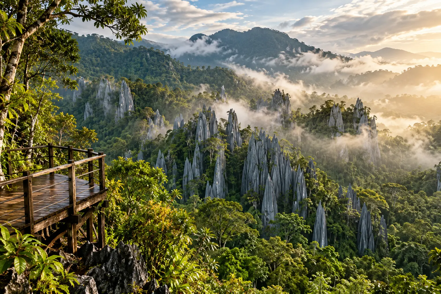 AI illustration of Gunung Mulu-inspired limestone pinnacles rising out of rainforest in Sarawak, seen from a timber viewing platform.