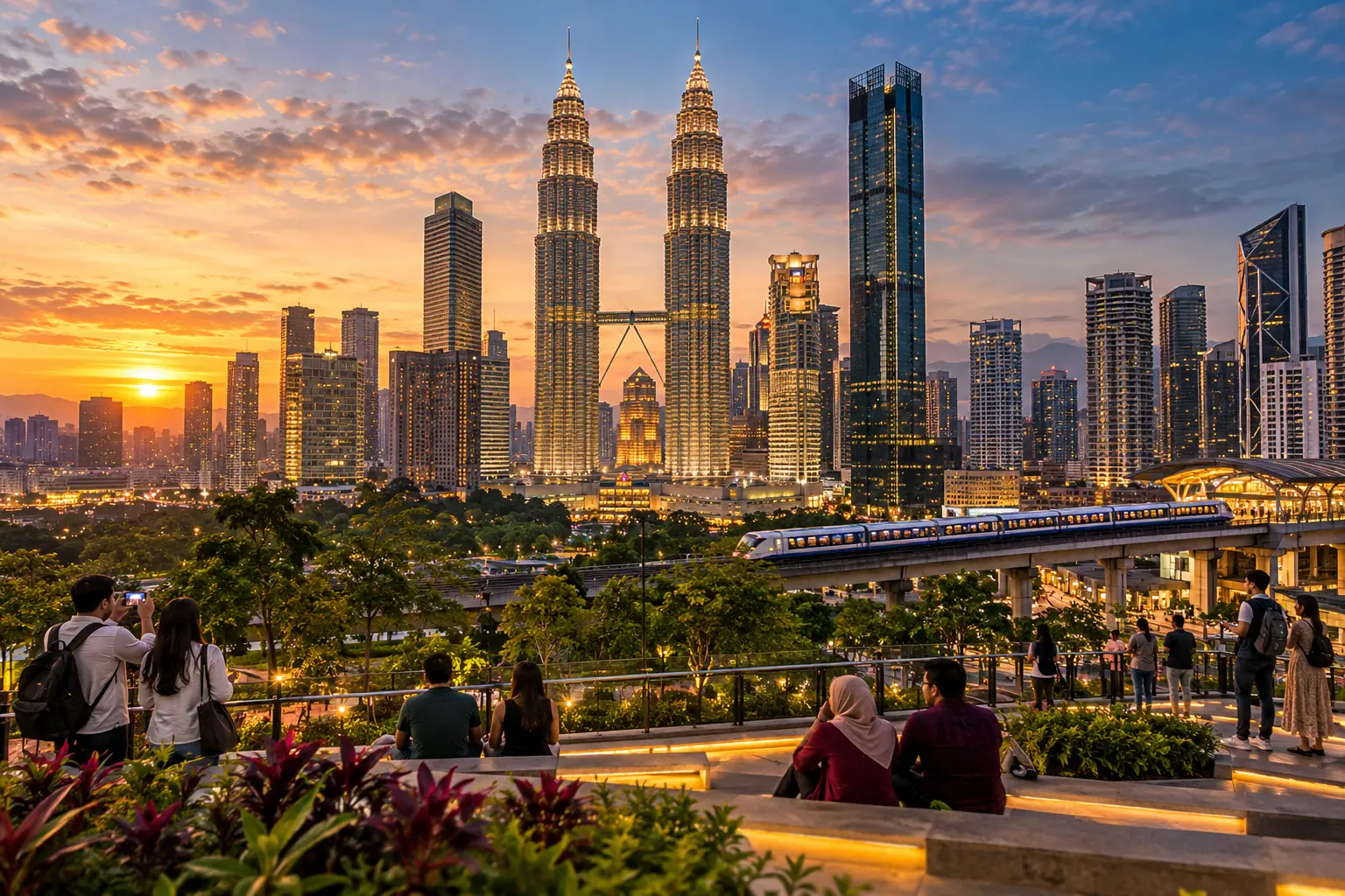 Kuala Lumpur skyline and urban rail viewed from a landscaped city park at sunset