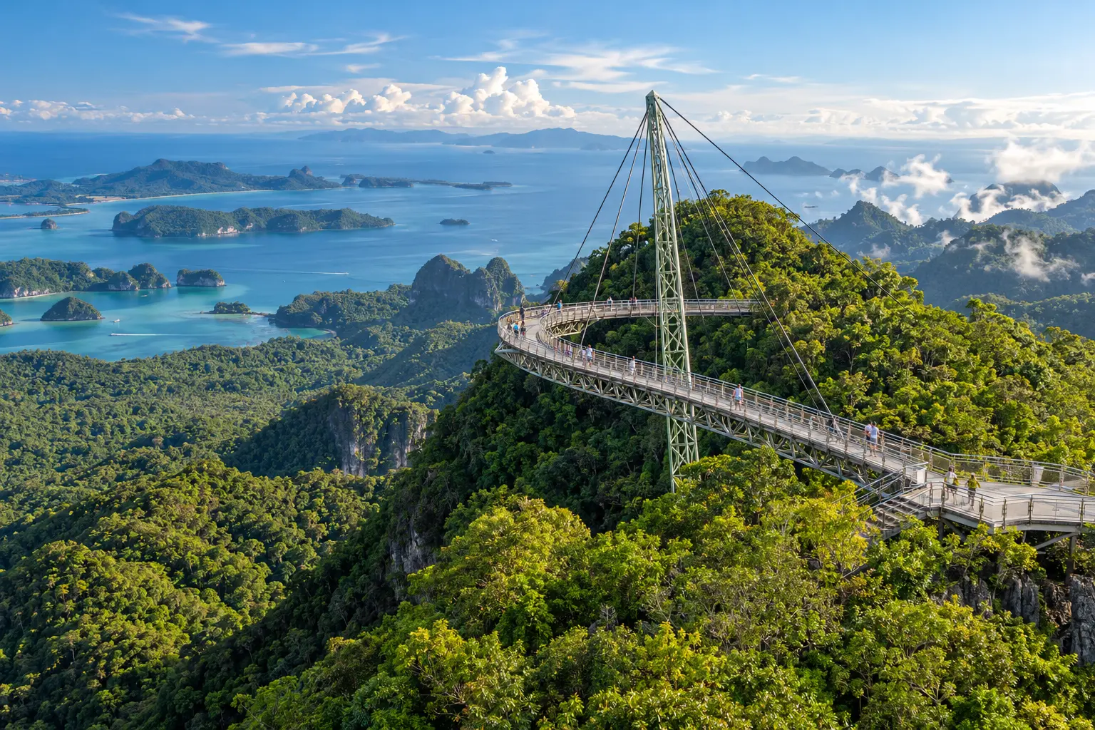 Langkawi Sky Bridge above rainforest with the Andaman Sea and forested islands beyond