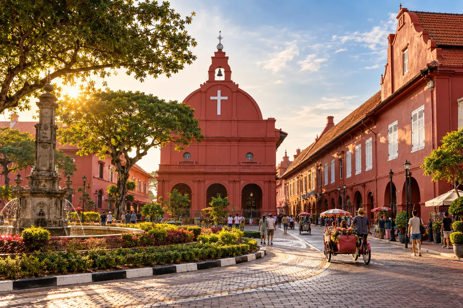 The red heritage buildings of Dutch Square in Melaka during the late afternoon