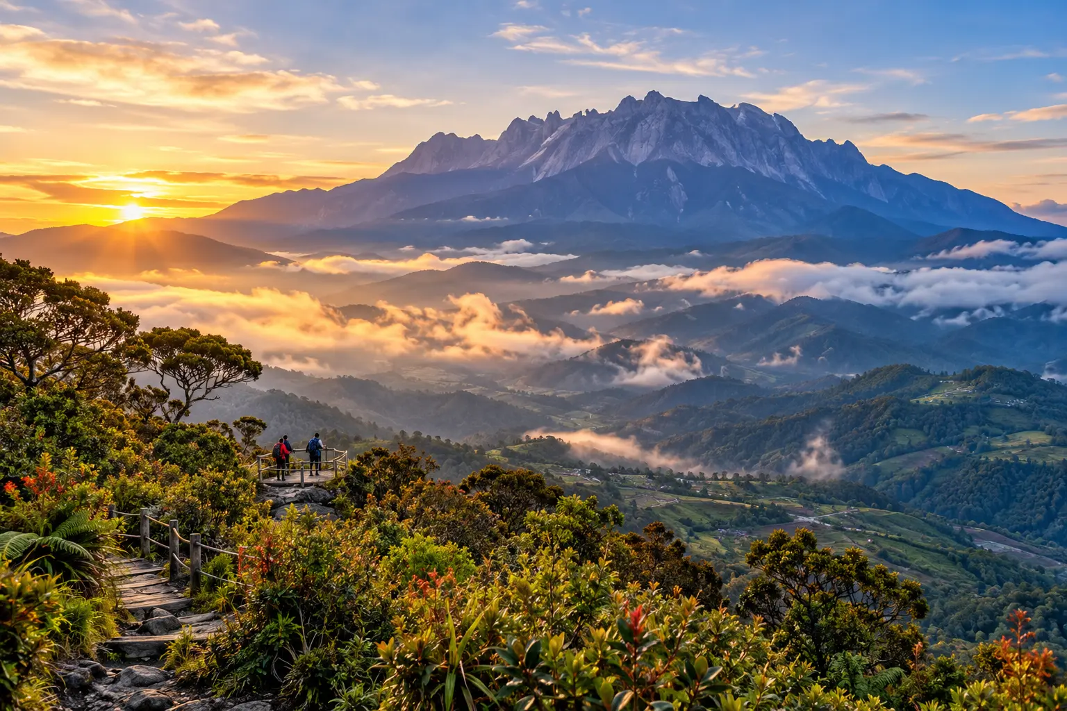 Mount Kinabalu rising above a Sabah highland valley at sunrise