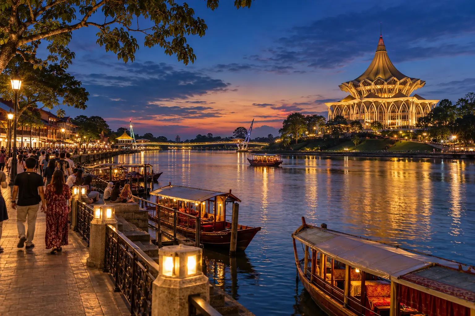Kuching waterfront, Sarawak River and the state legislative building at blue hour