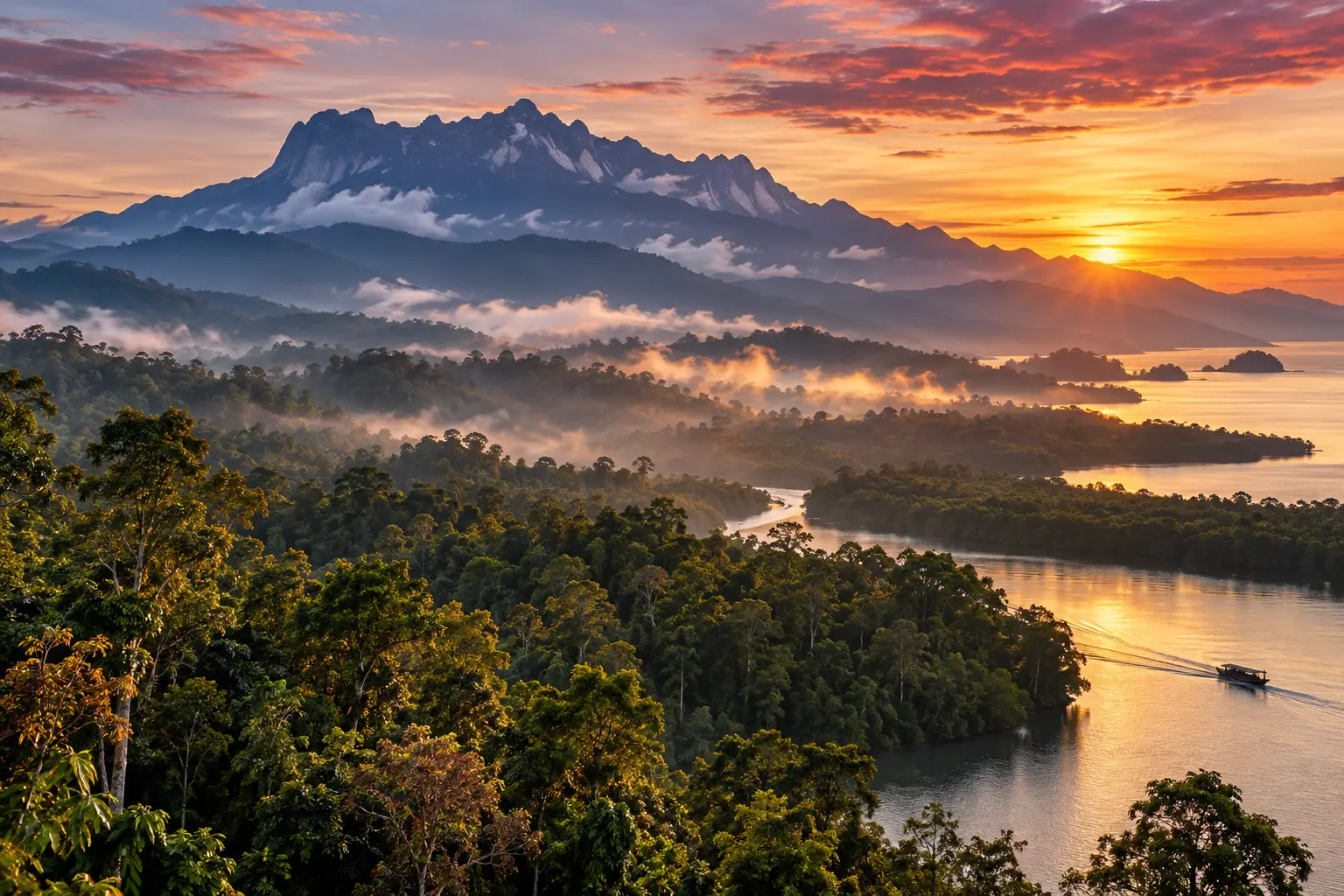 Mountain, rainforest and river landscape in Malaysian Borneo