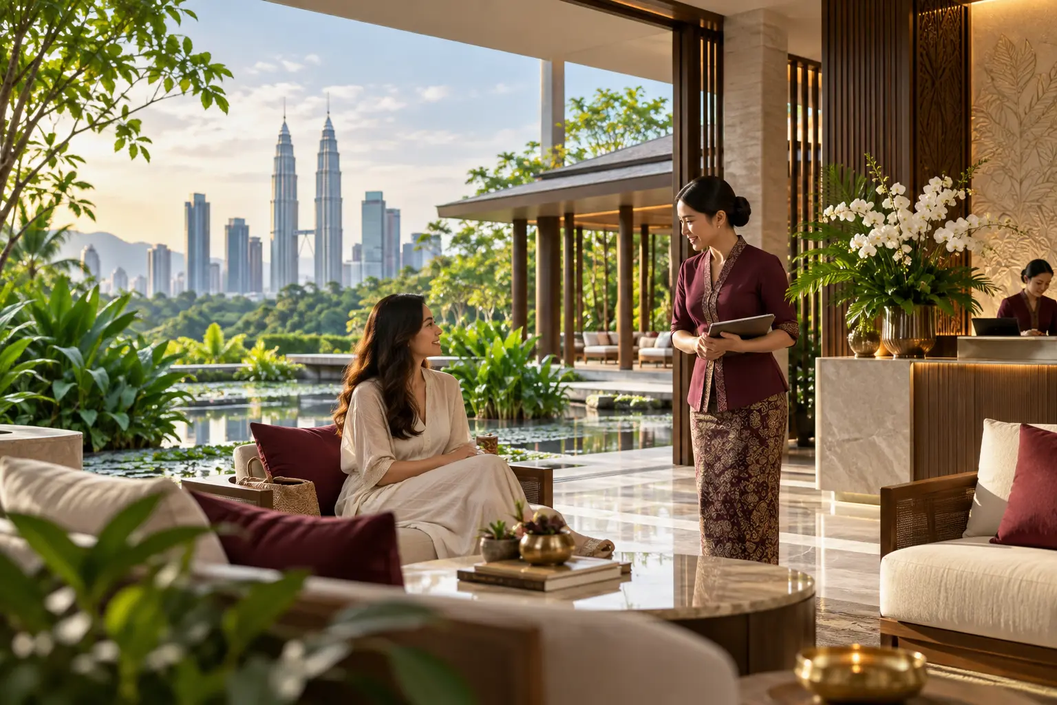 Calm Malaysian wellness hospitality setting with tropical greenery