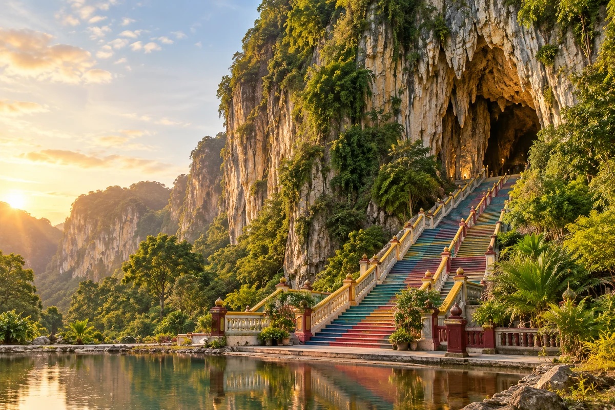 Illustration of a Malaysian limestone cave temple: a painted stairway climbing a karst cliff to a cave mouth, with forest and a still pool below