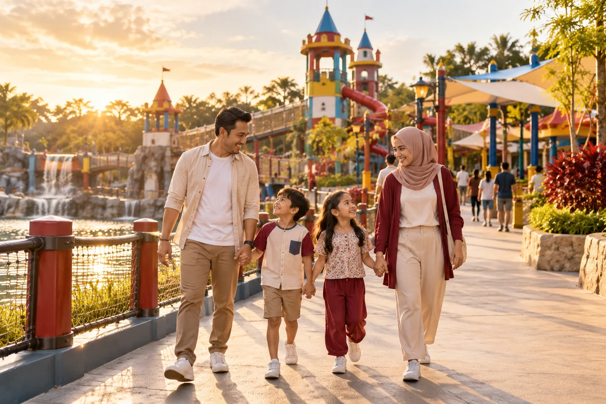 Illustration of a family walking through a landscaped theme-park entrance plaza with towers and a water feature