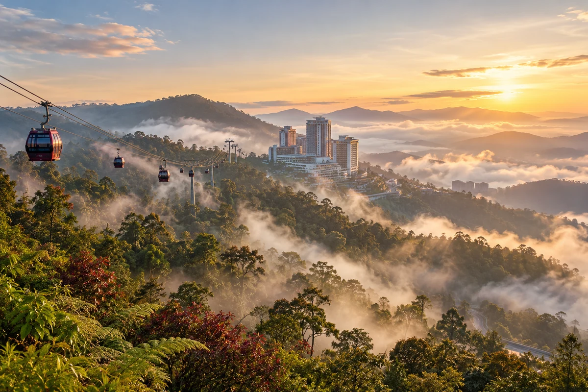 Illustration of cable cars crossing a misty forested ridge towards a cluster of hilltop resort buildings