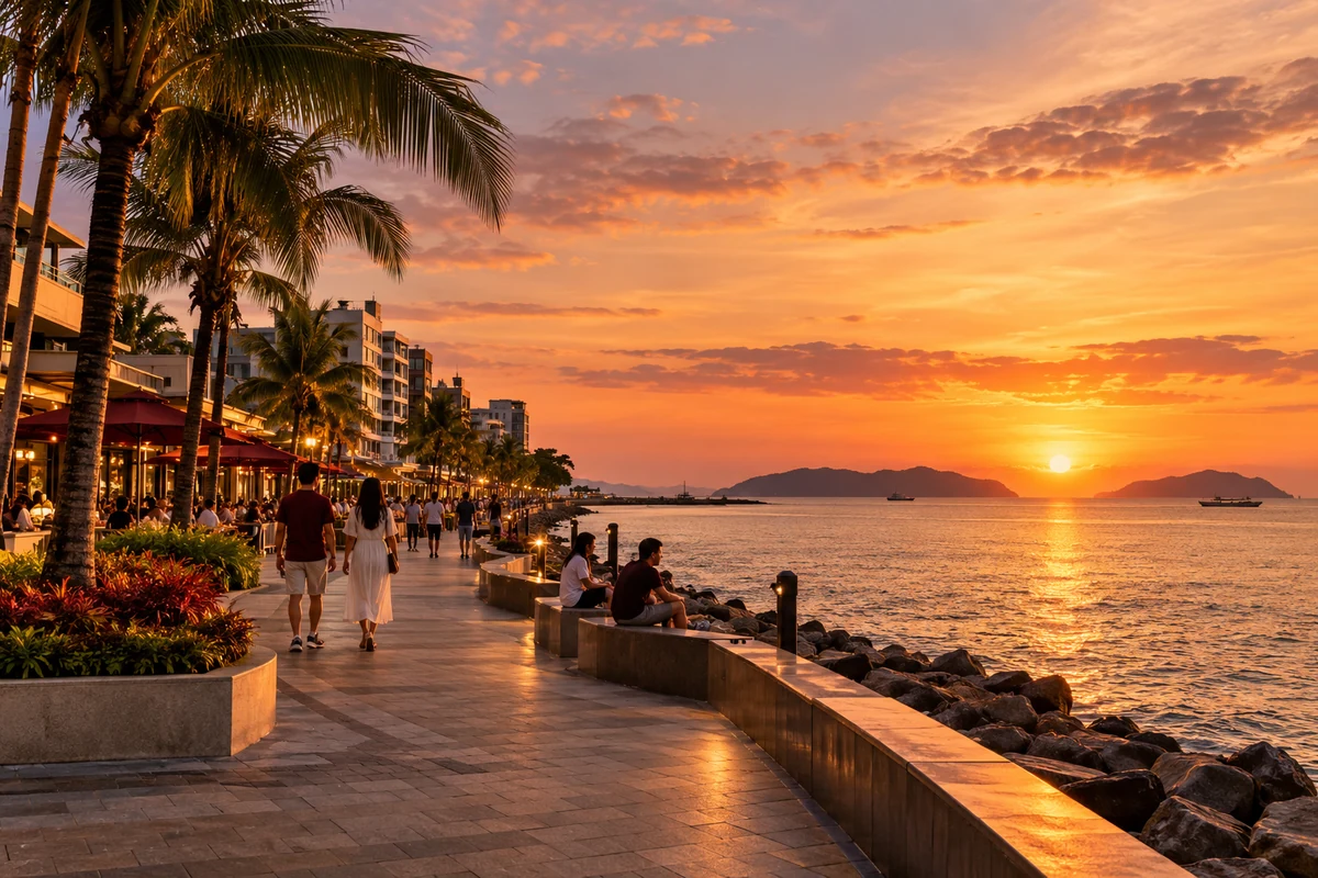 Illustration of a Kota Kinabalu seafront esplanade at sunset, with palms, waterfront dining and islands on the horizon