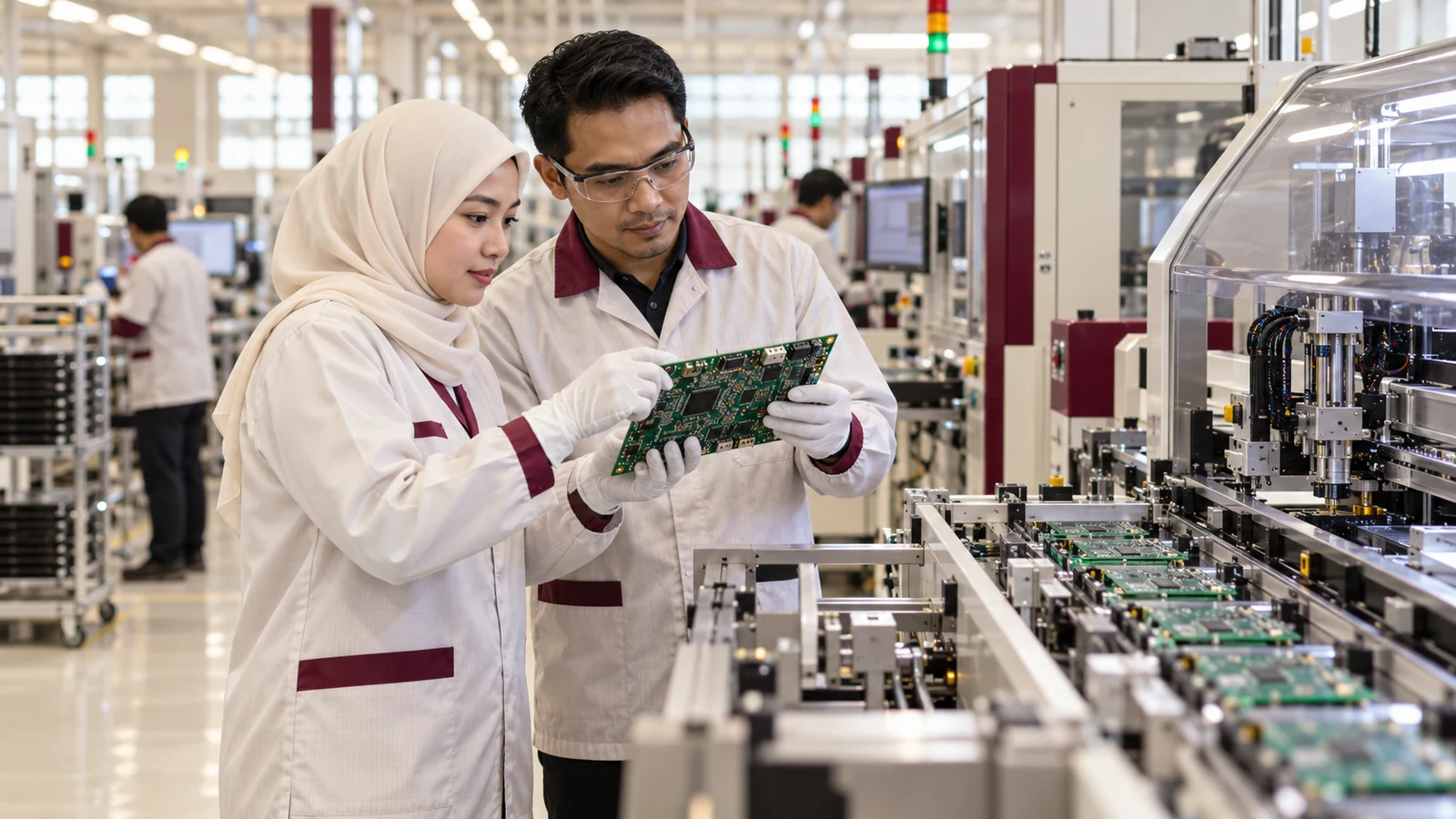 Engineers inspecting electronics on an assembly line \u2014 AI illustration.