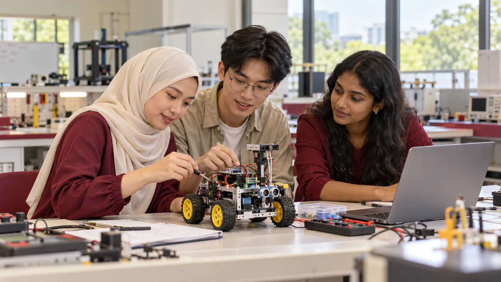 Students collaborating on a robotics project in a teaching laboratory — AI illustration.