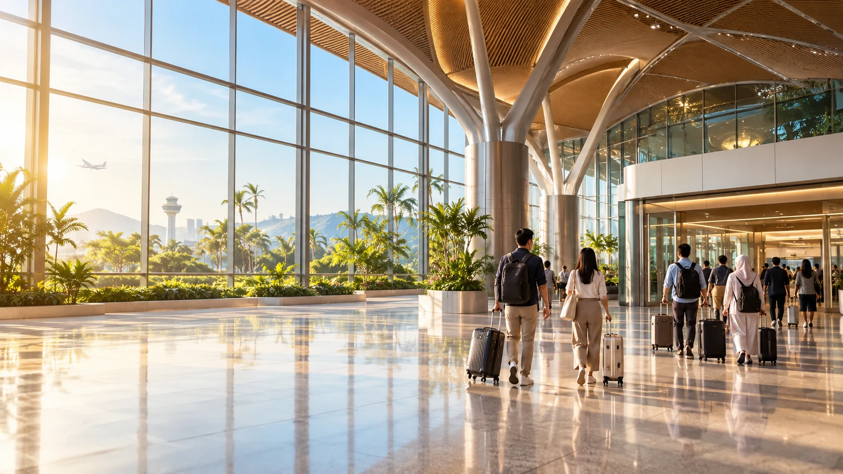 Travellers moving through a spacious airport terminal beneath a curved roof.