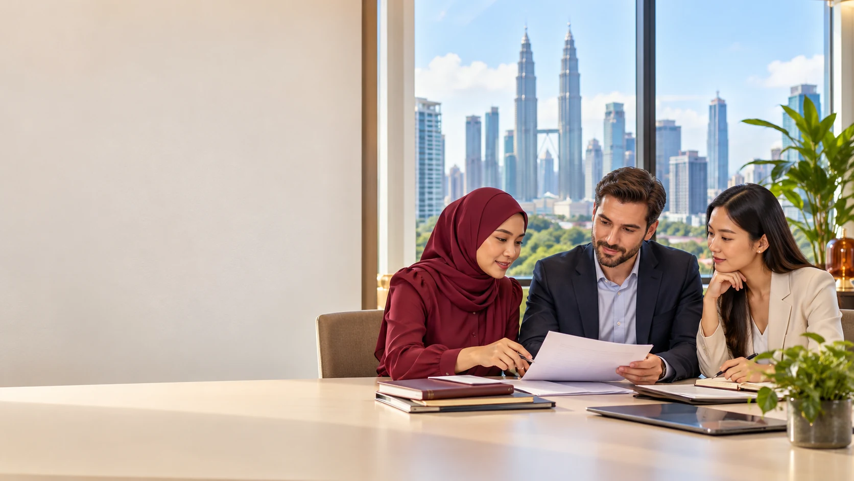 Malaysian and international professionals reviewing papers at a meeting table.