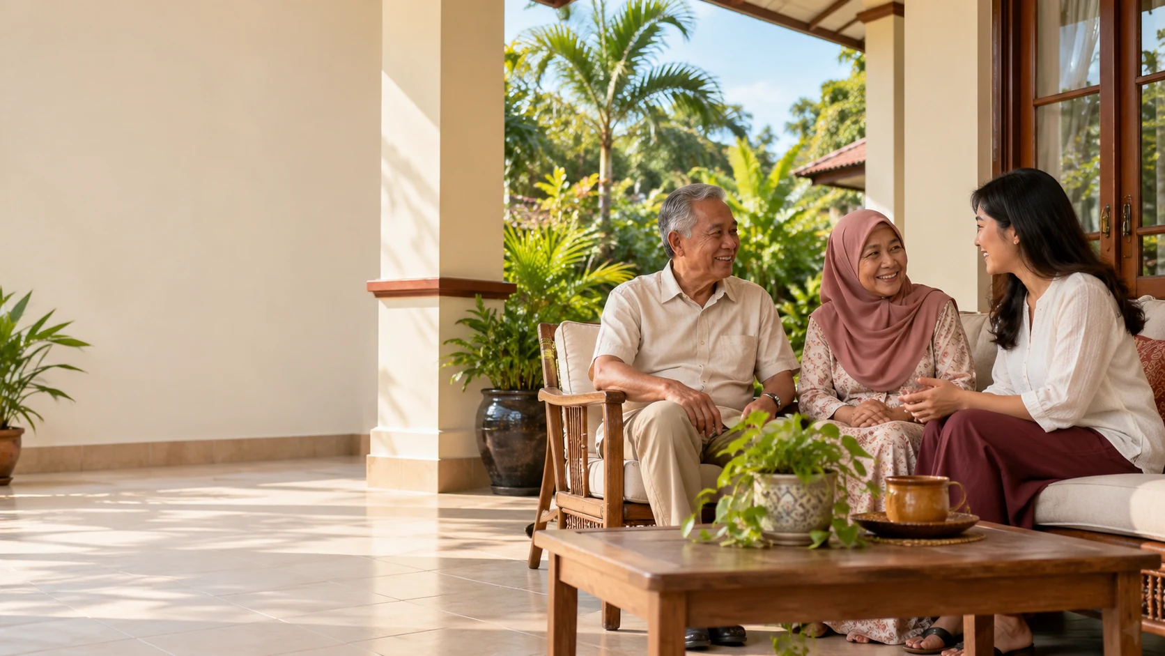 A family sharing a quiet moment on a shaded tropical residential veranda.
