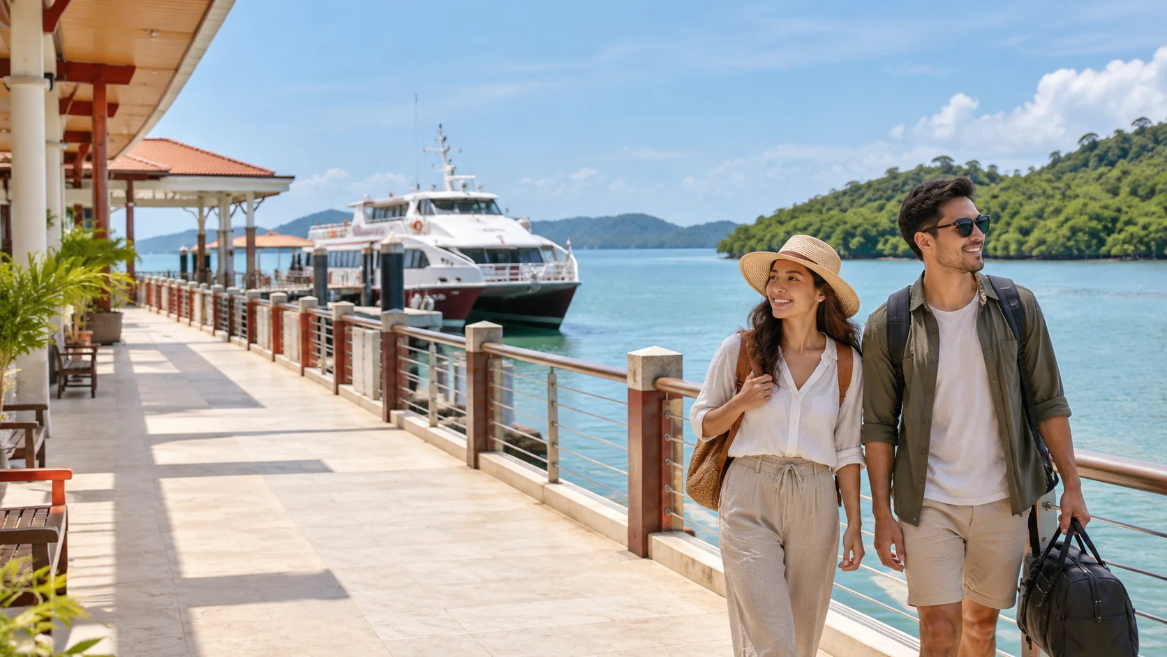 Travellers with bags walking along a coastal ferry terminal walkway.