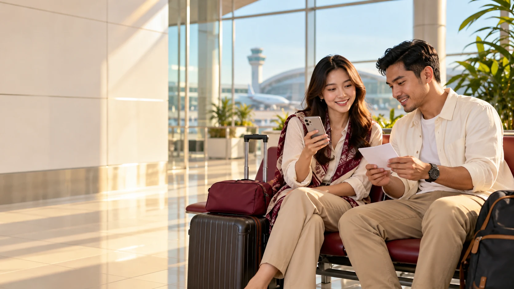 Two travellers checking a phone with their luggage beside them.