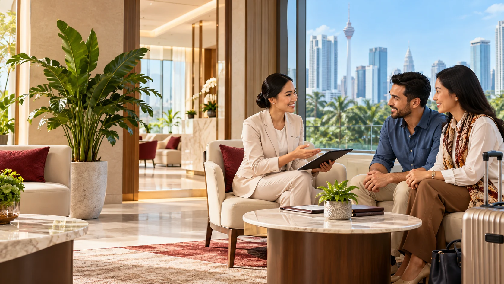 An adult patient and companion discussing travel arrangements with a clinic adviser.