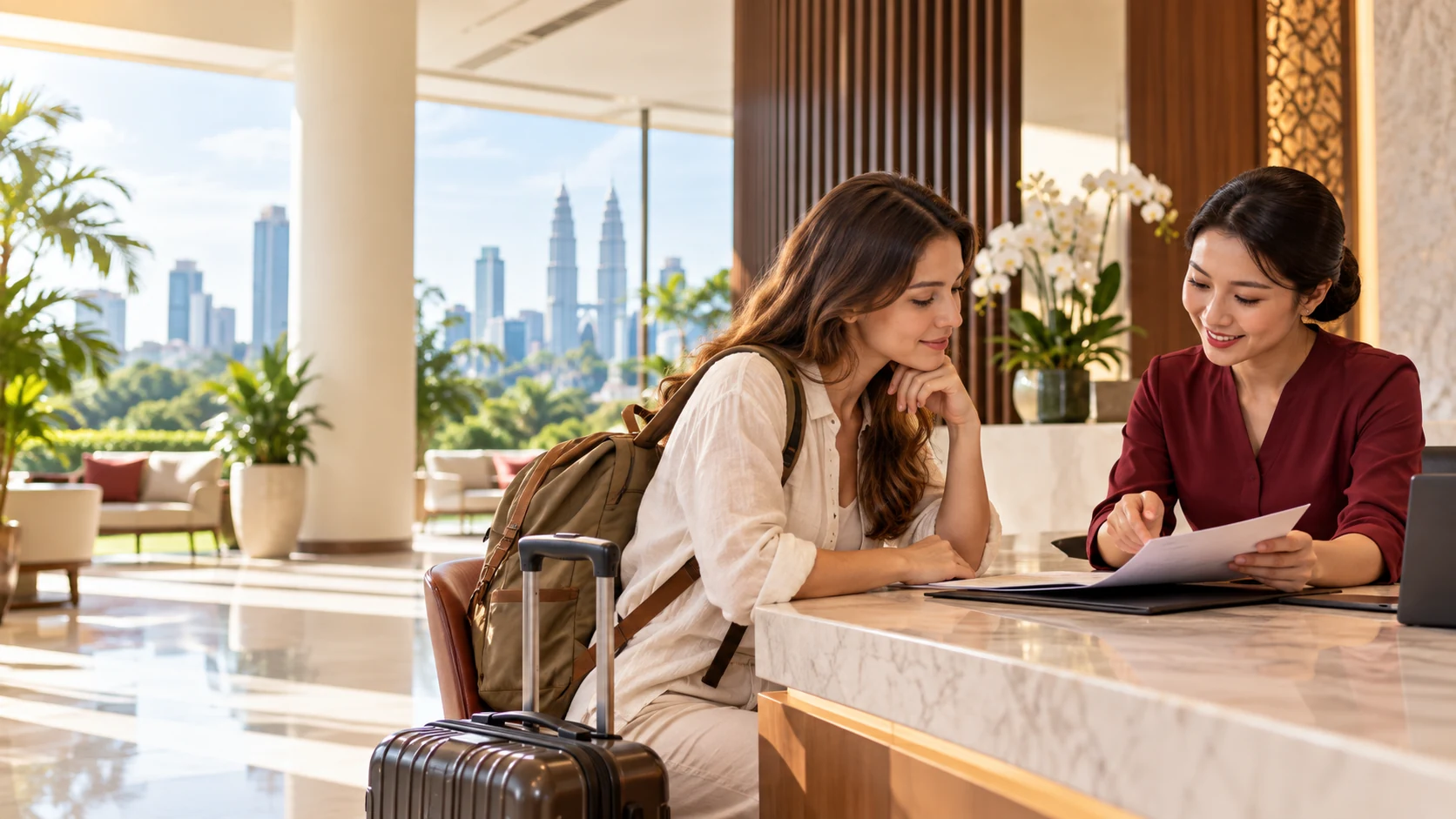 A visitor asking for travel information at a neutral assistance desk.