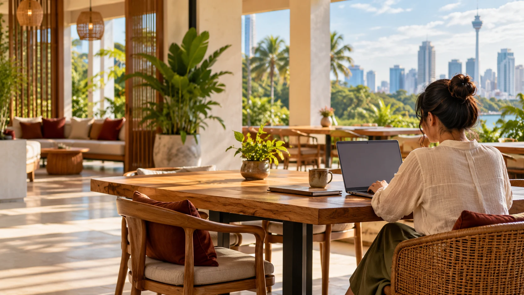 A remote professional working at a laptop in a tropical shared workspace.