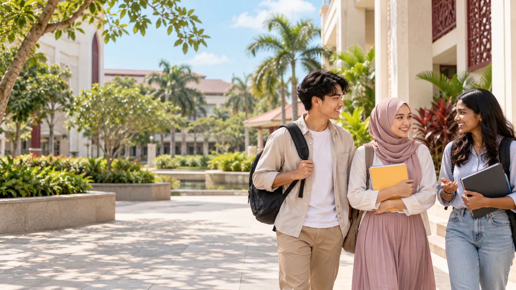 Students discussing coursework in a leafy Malaysian campus courtyard.