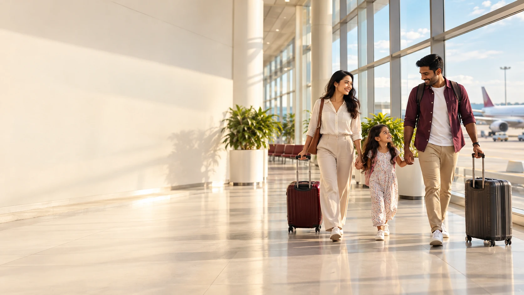 Travellers with luggage walking through a bright airport arrivals hall.