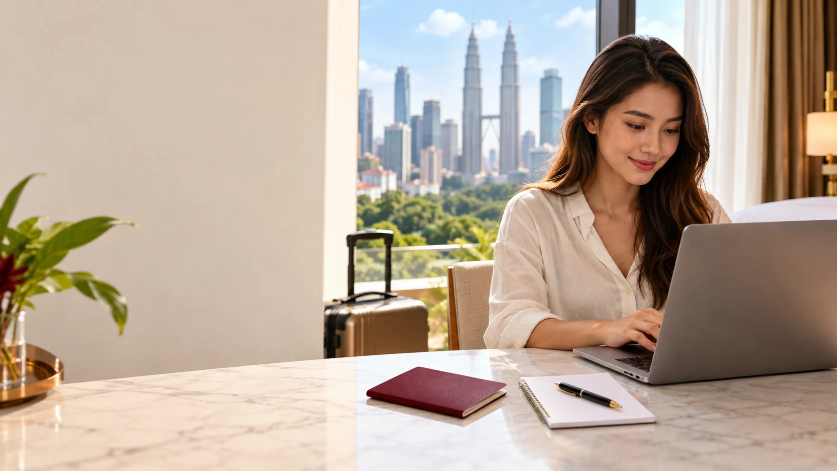 A traveller using a laptop beside a closed passport-style booklet and travel notes.